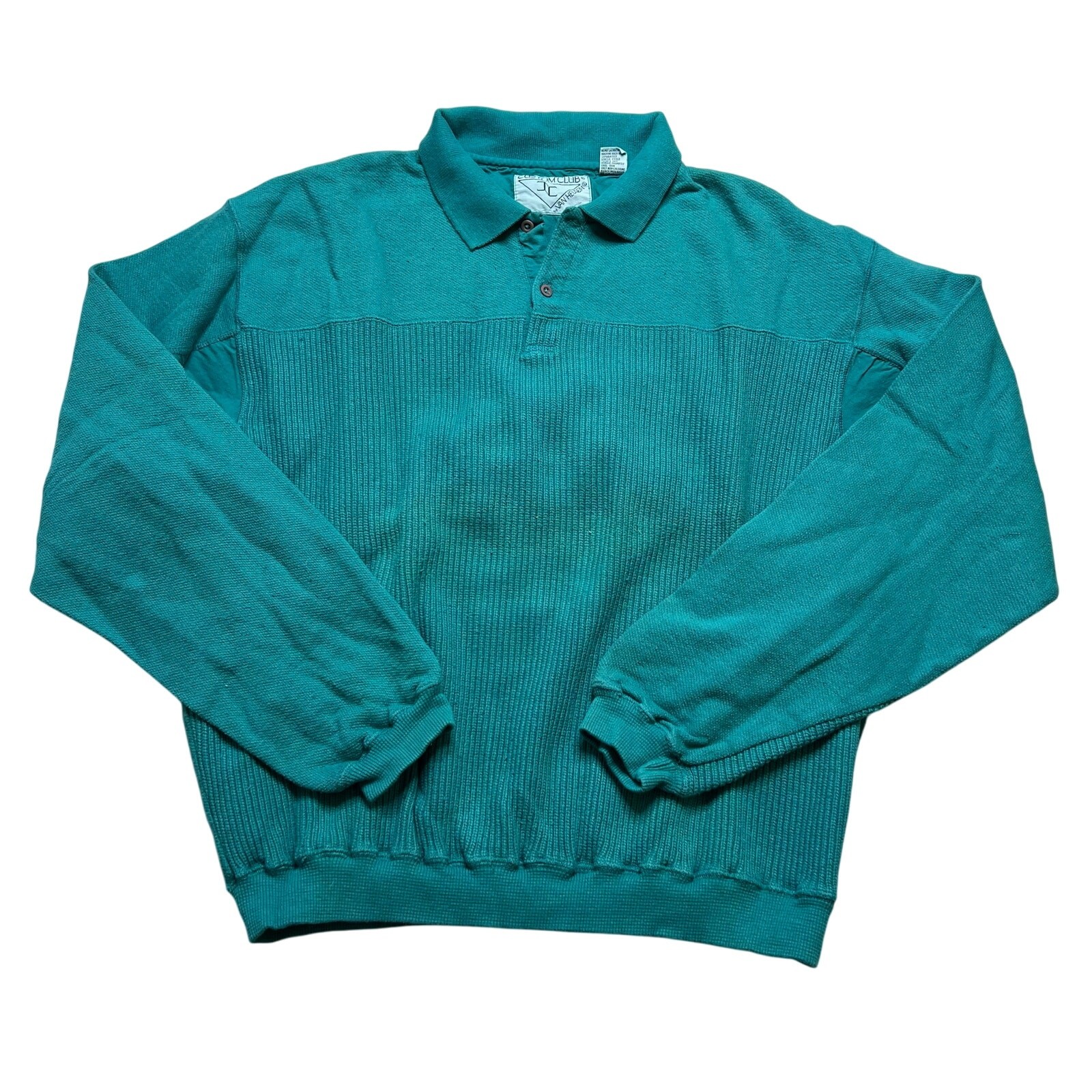 Vintage Van Heusen Custom Club Teal Knit Long Sleeve Polo Shirt Size Large 80s