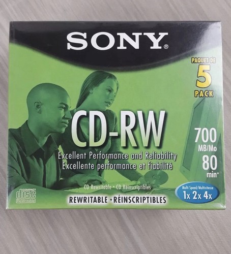 Sony CD - RW Rewritable 5 Pack Blank Discs 700MB 80Min 1x 2x 4x New Sealed!