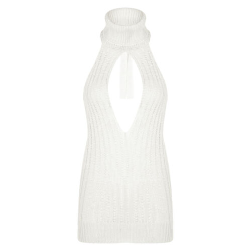 Women's High Neck Ribbed Short Dress Keyhole Sleeveless Bodycon Mini Dresses - Picture 30 of 56