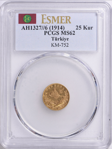 Turkey AH 1327 6 (1914) Gold 25 Kurush PCGS MS 62 Scarce, Esmer Collection!