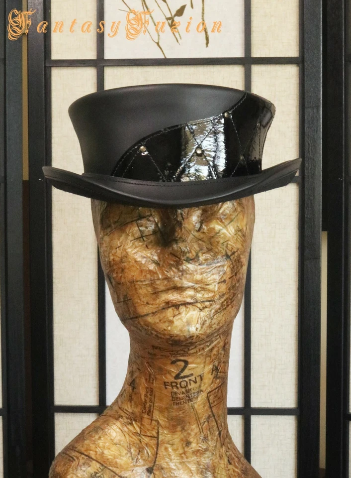 Bufón Sombrero Corto Negro sobre Negro Disfraz Victoriano Hombre Ardiente Sombrero de Cuero Foto 2 de 3