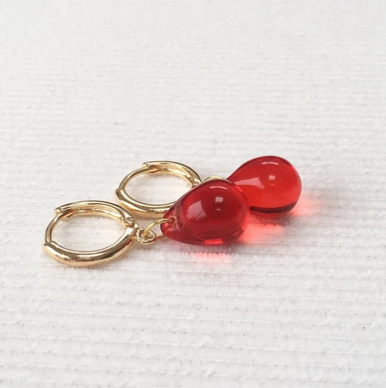 Gold Cubic Zirconia Earrings Red Simulated Ruby CZ 925 Sterling Faceted teardrop - Image 2 of 4