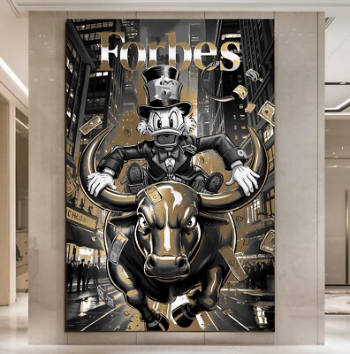 LEINWAND BILD ER BIS 170x110x5 DAGOBERT-DUCK BÖRSE STIER FORBES GELD COMIC GOLD