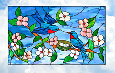 Bluebirds  Cherry Blossoms Faux Stained Glass WINDOW CLING Size 10.6" Vinyl