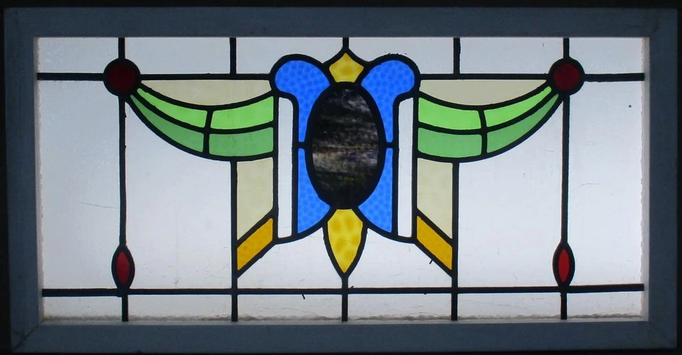 COLORFUL ABSTRACT ENGLISH LEADED STAINED GLASS WINDOW TRANSOM 34 1/2" x 17 3/4" - Image 2 of 3