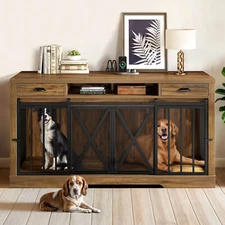 Wooflex 63" Indoor Wooden Kennel Dog Crate Furniture TV Stand w/Charging Station