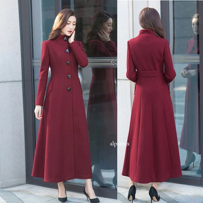 Women Stand Neck Wool Blend Maxi Long Trench Coat Single Breasted