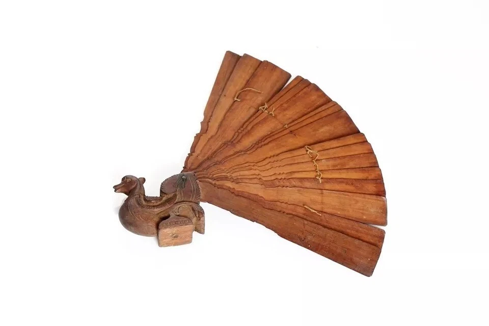 Collectible Rare Wooden Peacock Figure Hand Fan - Image 4 of 4