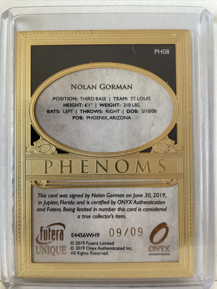 2019 Nolan Gorman Onyx Phenoms On Card Auto # /9 Futera Unique (PH08) - Image 2 of 2
