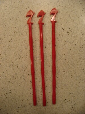 Vtg Lot of 3 Seagrams 7 Red Plastic Swizzle Sticks - 7 & Crown on Top of Bamboo