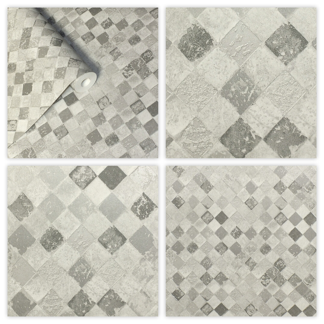 Shabby Chic, Distressed Mosaic Tile Effect Wallpaper in Greys Paste the