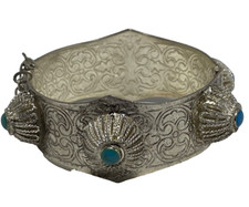 Vintage Moroccan Berber Hinged Cuff Bracelet Inlaid Stone on Silver