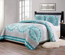 Full/Queen 3pc Over Size Quilted Bedspread Floral Medallion Turquoise Teal Aqua