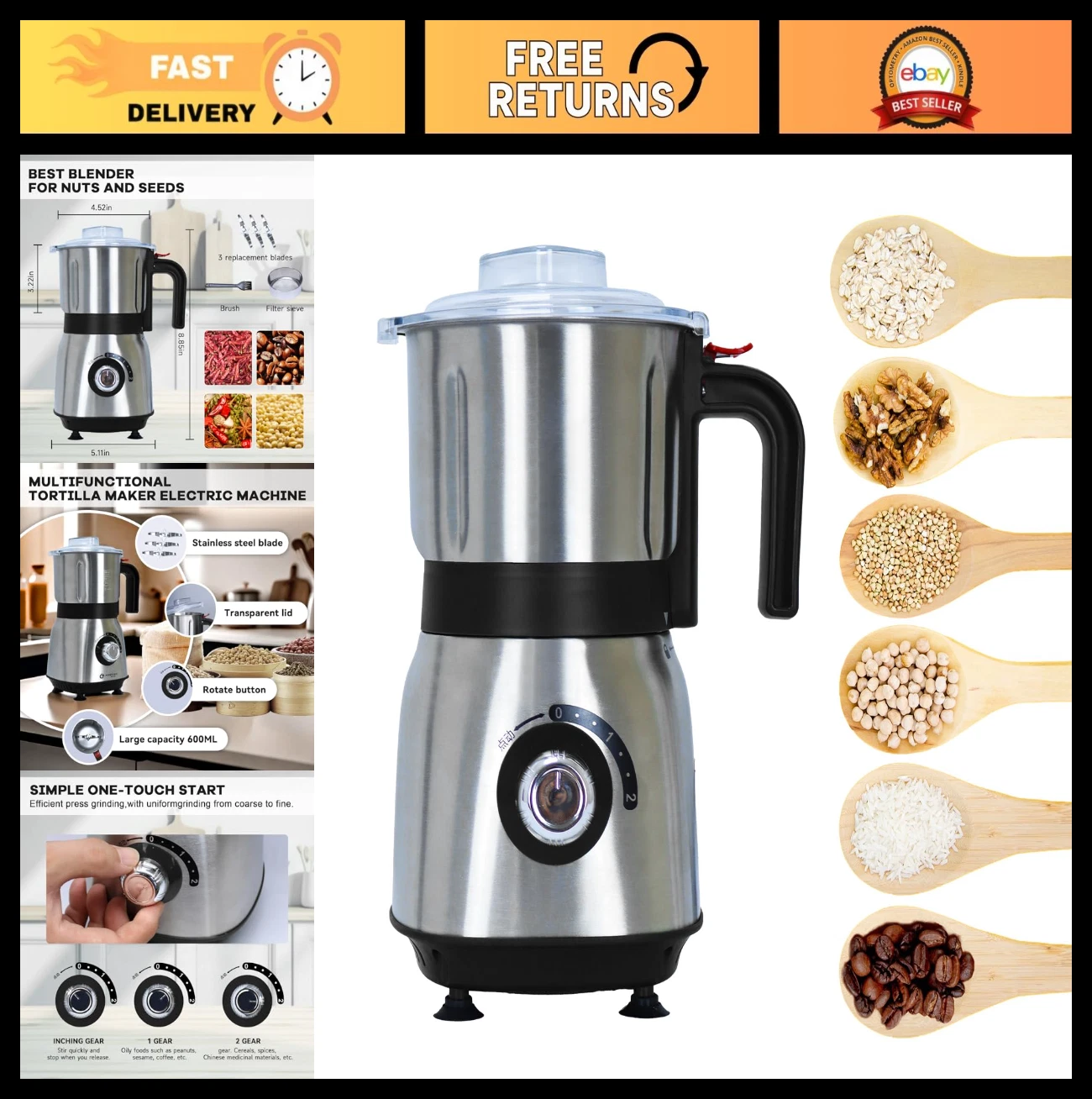 Electric Spice & Nut Grinder - 3 Stainless Steel Blades, 500W Kitchen Mill, Filt