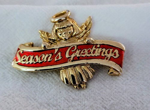 Signed Danecraft Angel Season's Greetings Gold Tone Pin  Enamel Brooch 