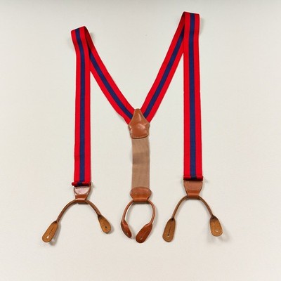 DOONEY & BOURKE Suspenders Red Navy Stripe Ribbon Leather Button Loops Braces