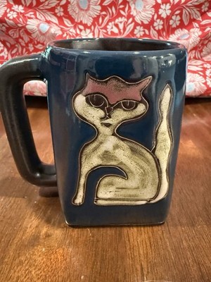 Design By Mara Mexico Cat Mug Art Pottery Signed Large Coffee Cup Blue Green