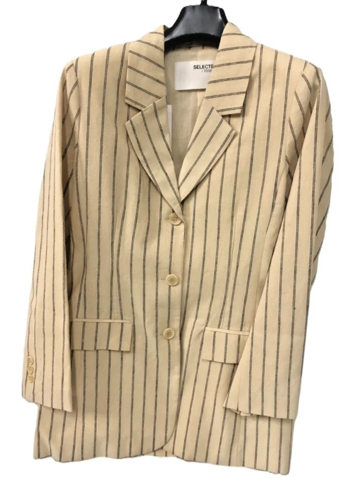 SELECTED Femme Pinstripe Blazer Womens Size 38/12 Single Breasted Organic Linen - Image 4 of 4