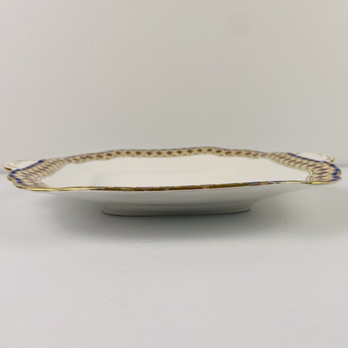 Vintage Aynsley England Blue & Gold Geometric Square Ear Handled Cake Plate Wavy - Picture 14 of 14