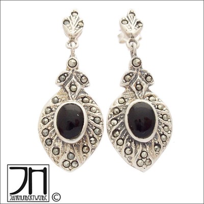 Silber Ohrringe Ohrstecker Onyx Markasit Cabochon Ohrhänger silver Art Deco Stil