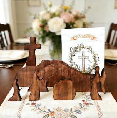 Easter Wooden Cross with Empty Tomb Scene - Christian Resurrection Decor