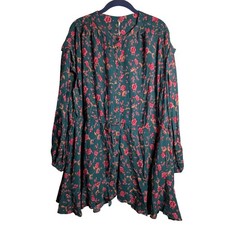 Free People Floral Print Mini Dress Button Down Long Sleeve Boho Green Sz S 0319