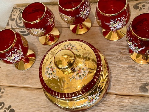 5 Venetian Murano Tre Fuochi Ruby Red 24k Gold Gilted Glass Snifters Lidded Dish - Picture 5 of 22