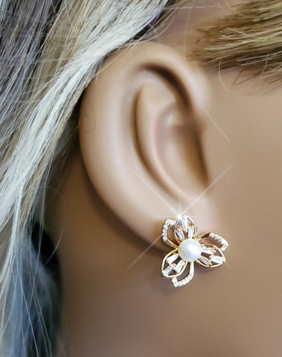 Ohrringe Kristalle von Swarovski 14 Karat Gold Overlay Pavé, Baguette & Perle Blume - Bild 3 von 9
