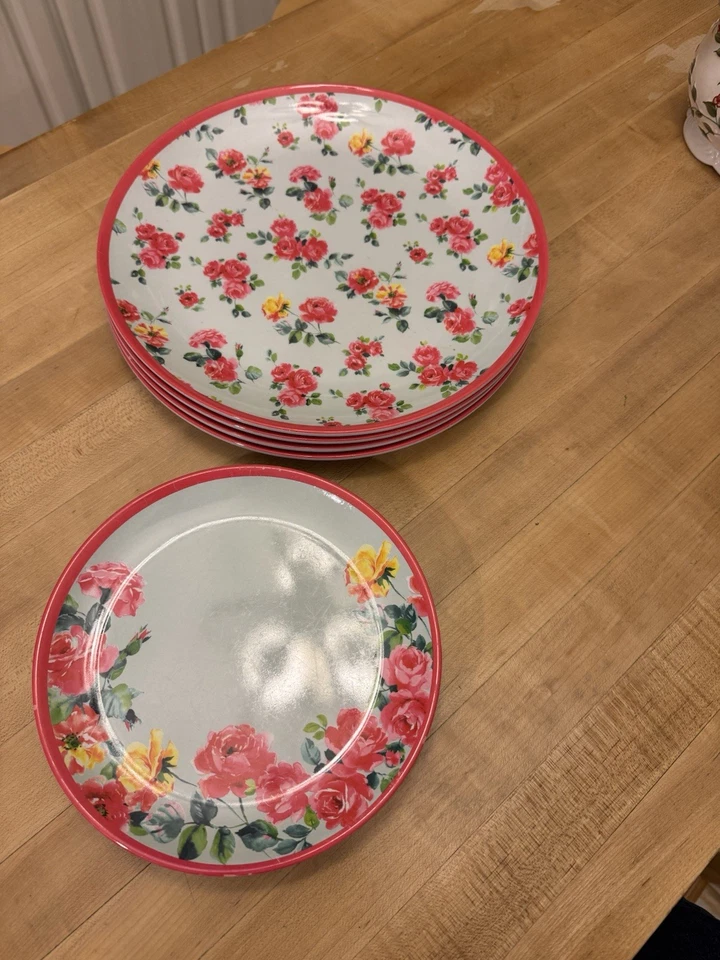 Platos de cena LAURA ASHLEY rosas rosadas y amarillas melamina 11" ensalada 7,5” 8 piezas Foto 2 de 4