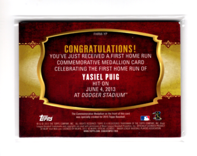 2015 Topps First Home Run Commemorative Medallions Yasiel Puig