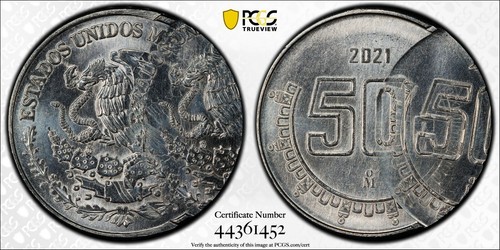 ER288 MEXICO. Mint Error -- Double Struck, 2nd Strike 45% Off-Center -- 50 Centa