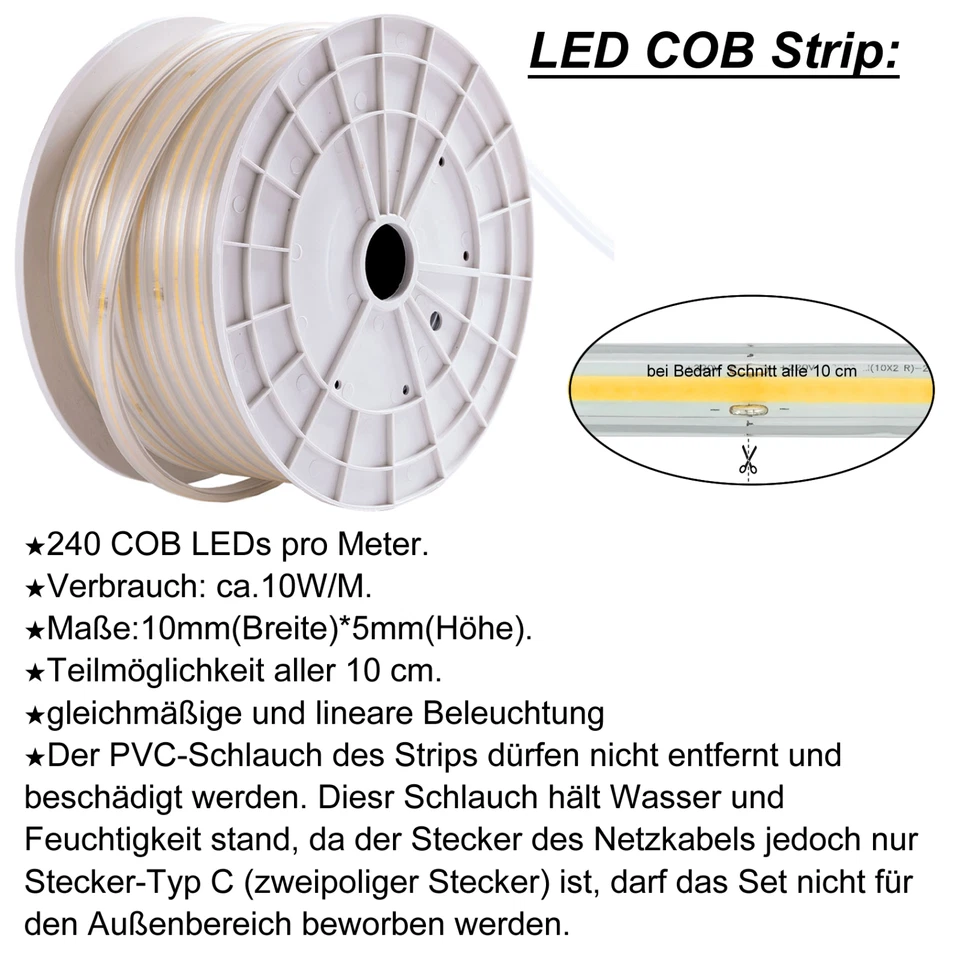 230V COB LED Streifen Stripe Lichtband Lichtschlauch Kette Wasserdicht 240LEDs/M - Bild 2 von 4