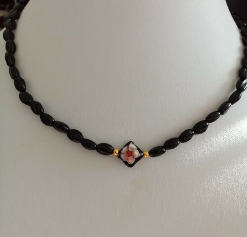Schmuck Halskette Perlen Collier schwarz mit Cloisonne Perle rechteckig 50 cm - Bild 1 von 4