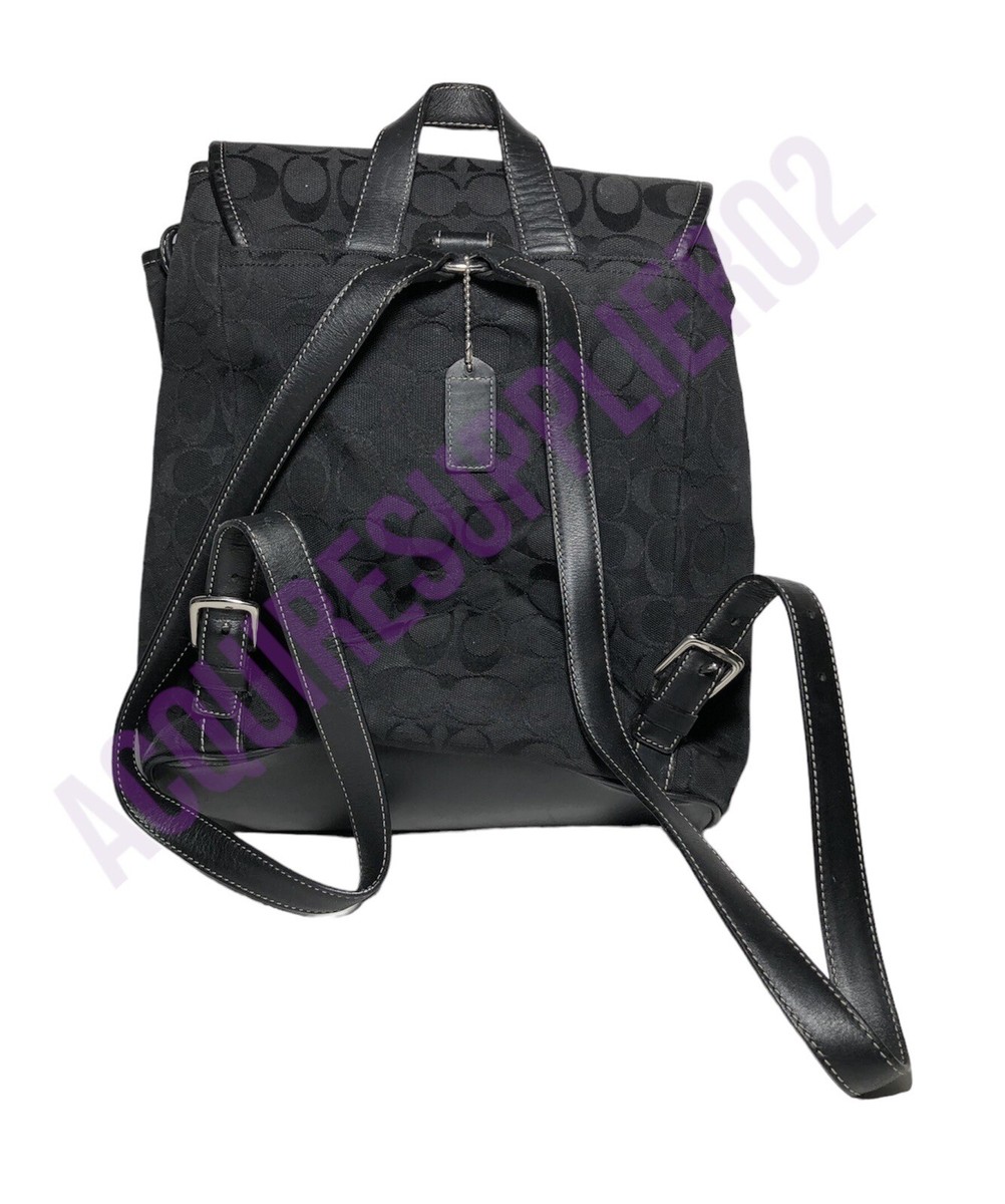 Coach Womens Signature Drawstring Backpack Black Canvas Leather