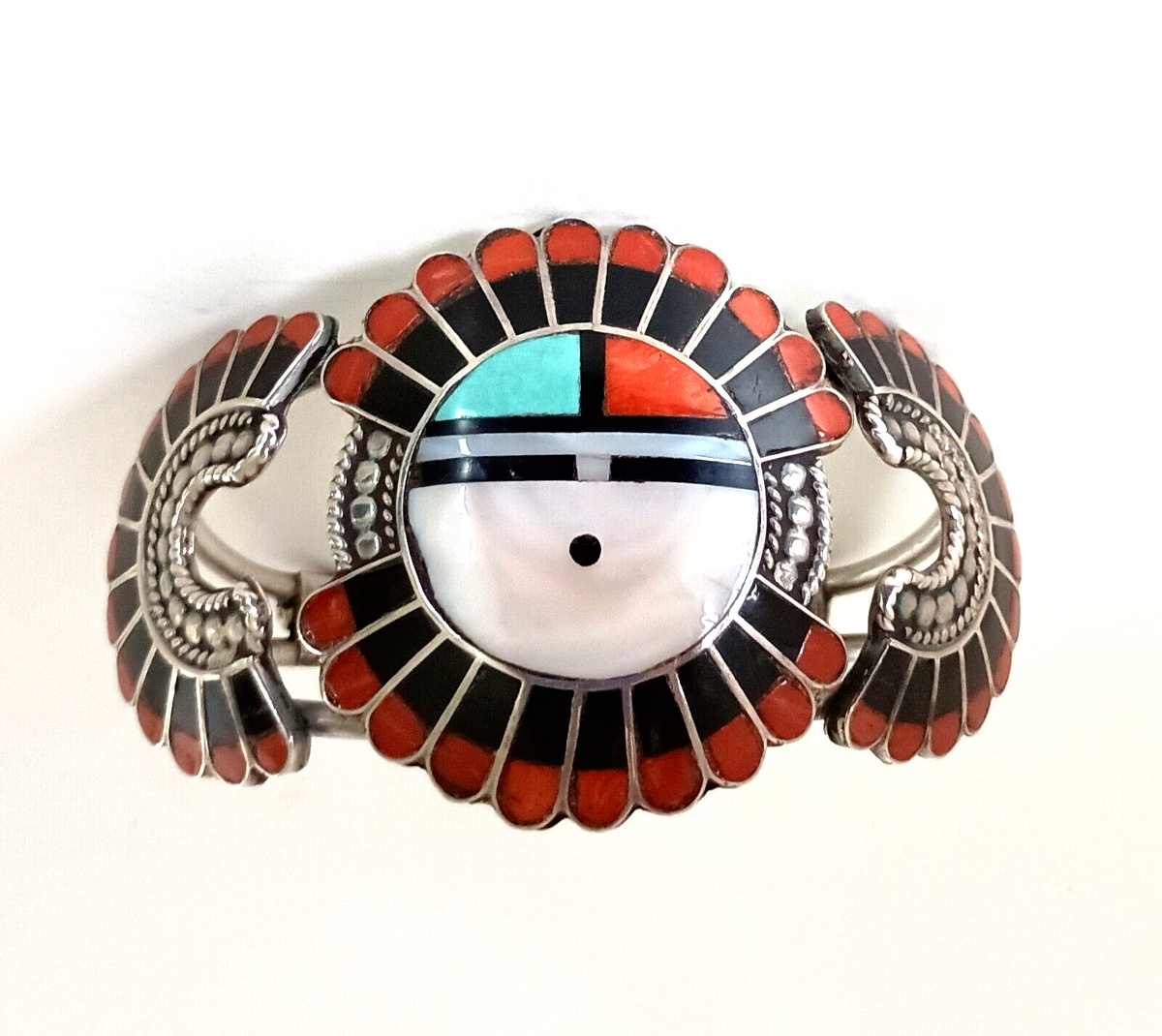 Wonderful Vintage Native American Zuni Inlay Turquoise Coral Sunface Sterling Silver Ring Wonderful Vintage Native American Zuni Inlay Turquoise Coral Sunface Sterling Silver Ring