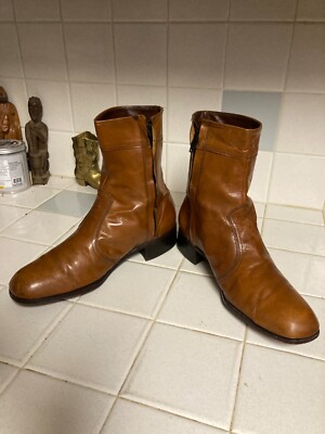 Florsheim Vintage Brown Carmel Leather Beatle Boots Zip Disco Hipster E  USA