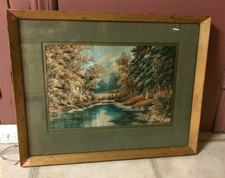 Framed Needlepoint Picture Forest And Lake 19.5"x24.5"