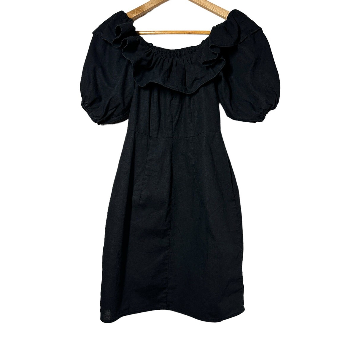 H&M Mini Summer Dress Womens Size S Linen Blend Black Off Shoulder Puff  Sleeve
