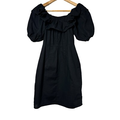 h&m black linen dress H&M Mini Summer Dress Womens Size S Linen Blend Black Off Shoulder Puff  Sleeve