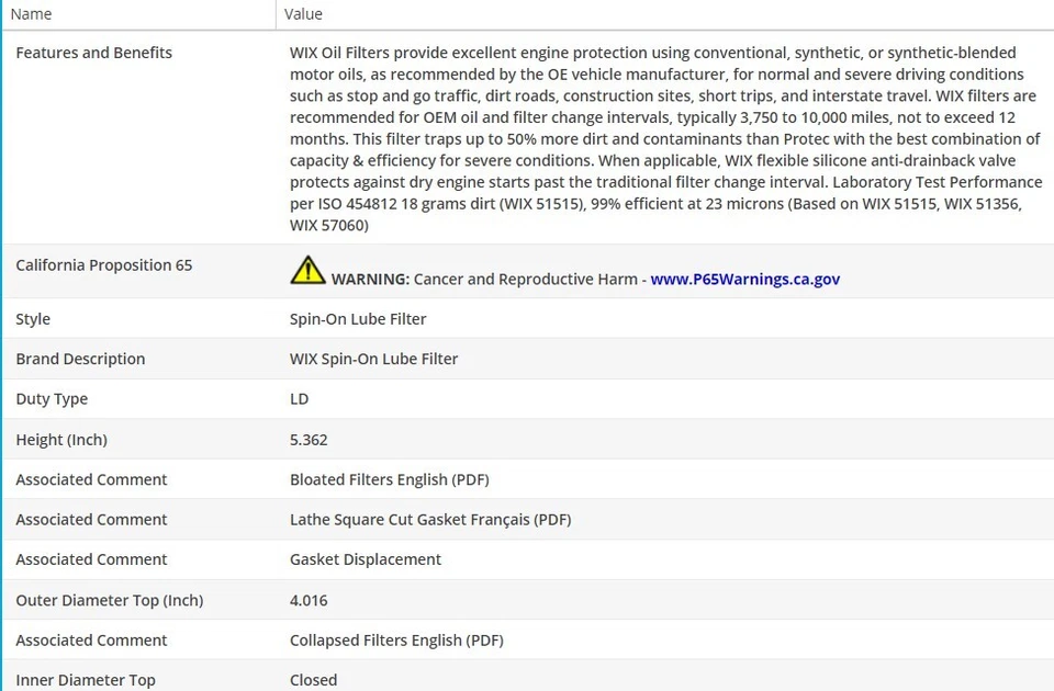 Filtro de aceite de motor OEM WIX para Ford Bronco II 1985-1986 L4-2,3 L Foto 3 de 4