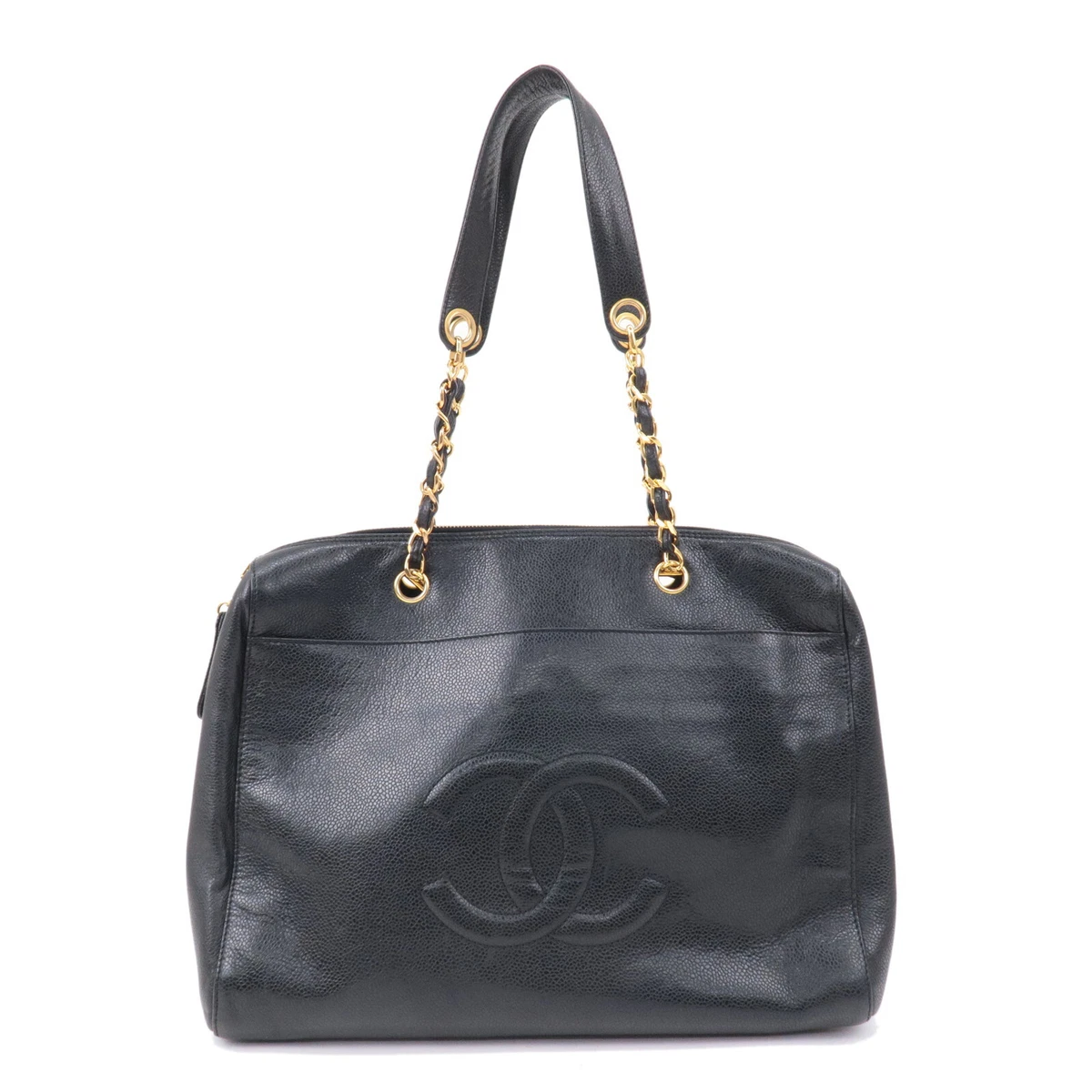 Authentic CHANEL Caviar Skin Chain Tote Bag Shoulder Bag Gold