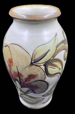 Vintage Denby England Vase Cream With Green & Brown Flowers Glyn Colledge 8 
