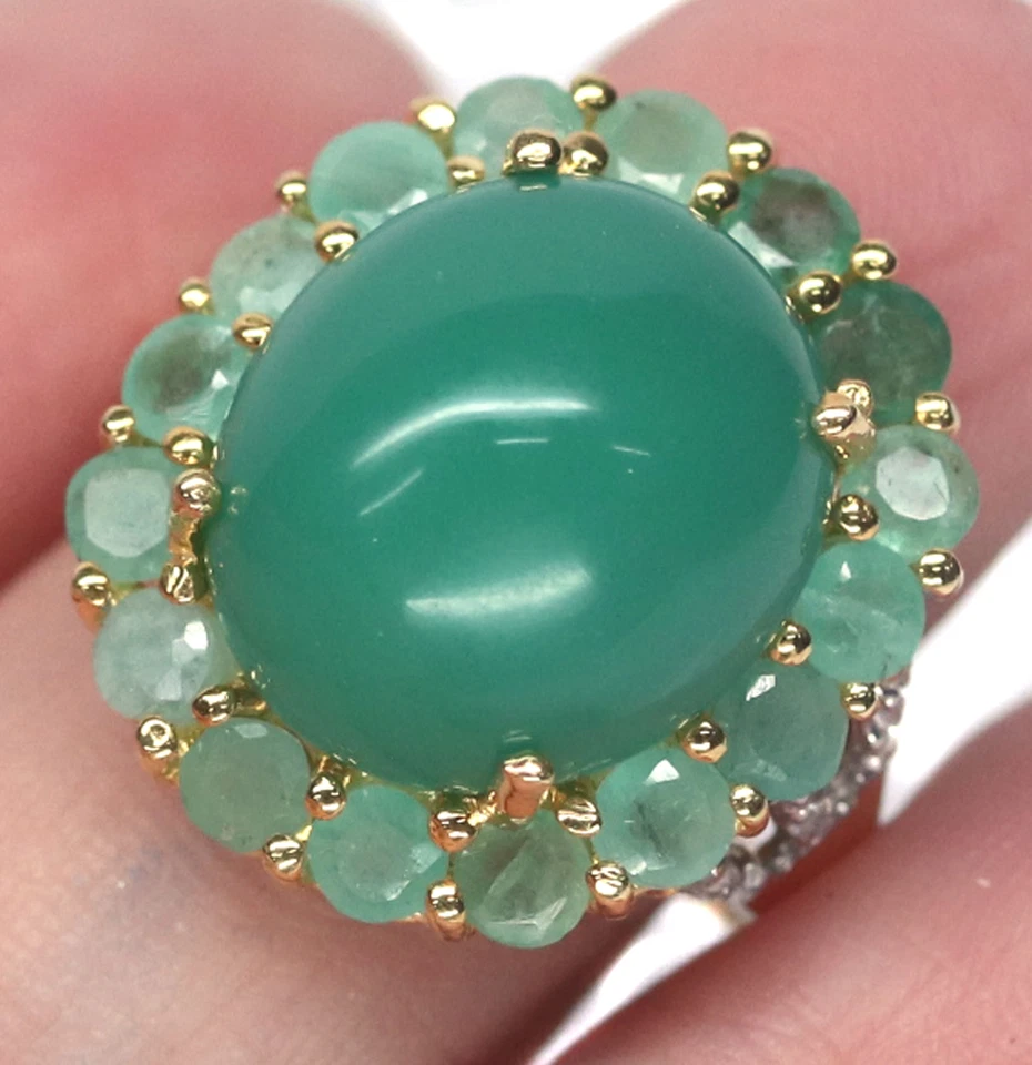 Nicht Erhitzt 13 X 15 Mm. Grün Chrycoprase Smaragd & Zirkonia Silberring 925 - Bild 2 von 4