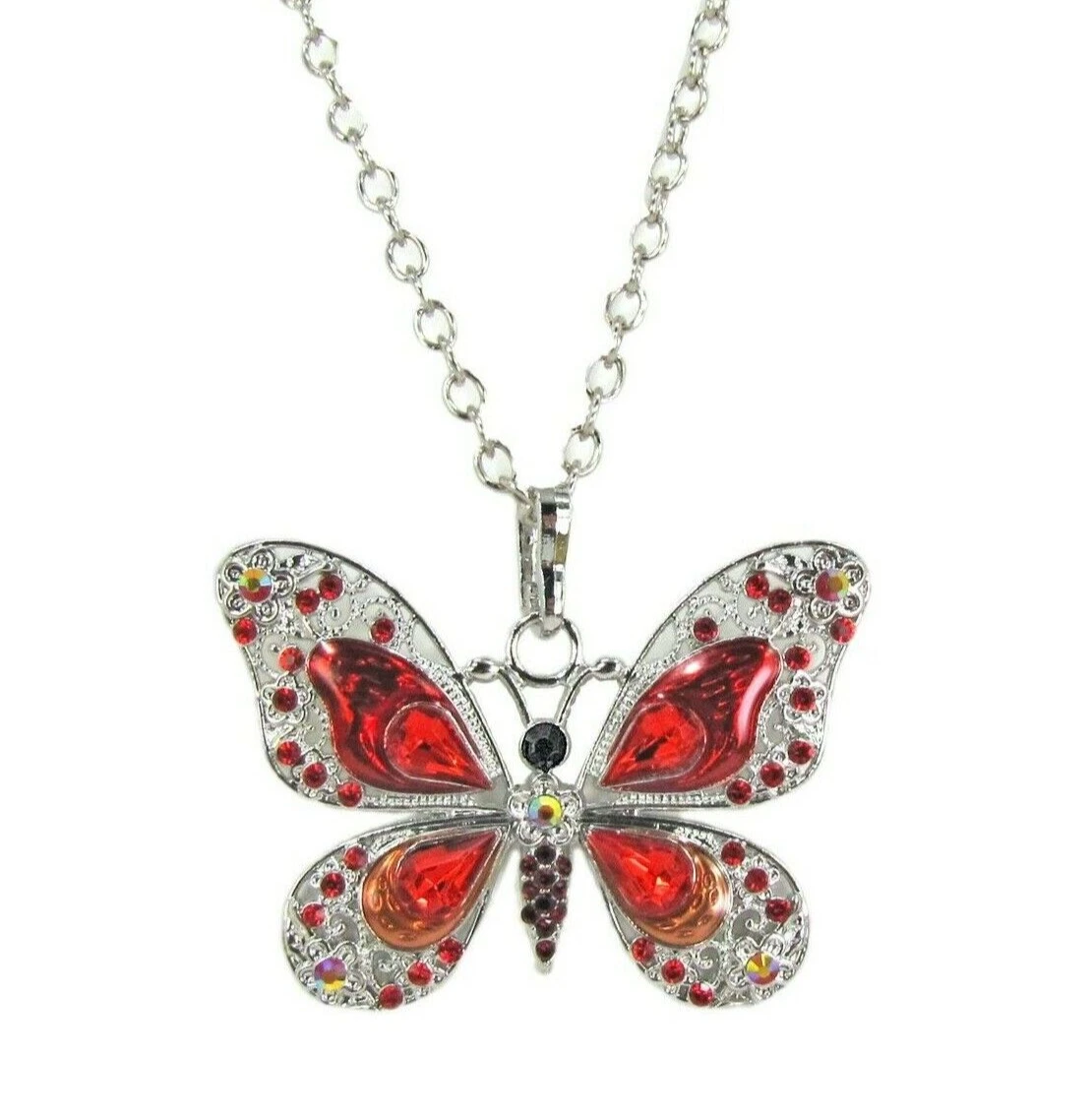 Large red butterfly pendant necklace in shiny red enamel and red crystals NEW