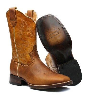 MEN'S RODEO COWBOY BOOTS HAND TOOLED SQUARE TOE LEATHER SOLE RANCHO BOTAS