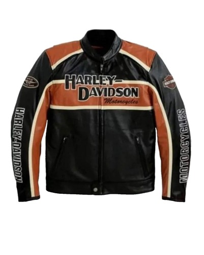 Harley Davidson Black Orange Bar & Shield Nylon Racing Jacket Mens