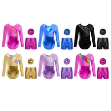 Kids Girls Dance Outfit Glittery Jumpsuit Printed Bodysuit And Bottoms Ballet