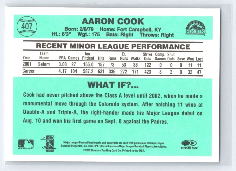 AARON COOK 2002 Donruss Originals 84 Rookie Baseball Card #407 Colorado Rockies - Image 2 of 2