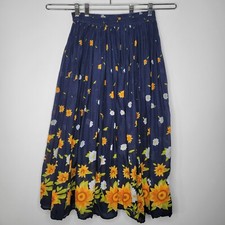 Vintage Blue Cotton Floral Print Maxi Skirt Size M Semi Sheer Sunflower Daisy