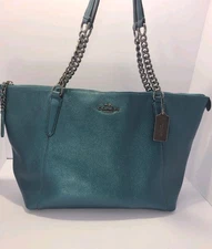 Coach Ava Teal Chain Tote Pebbeled Leather Teal Metallic  F22208 Purse